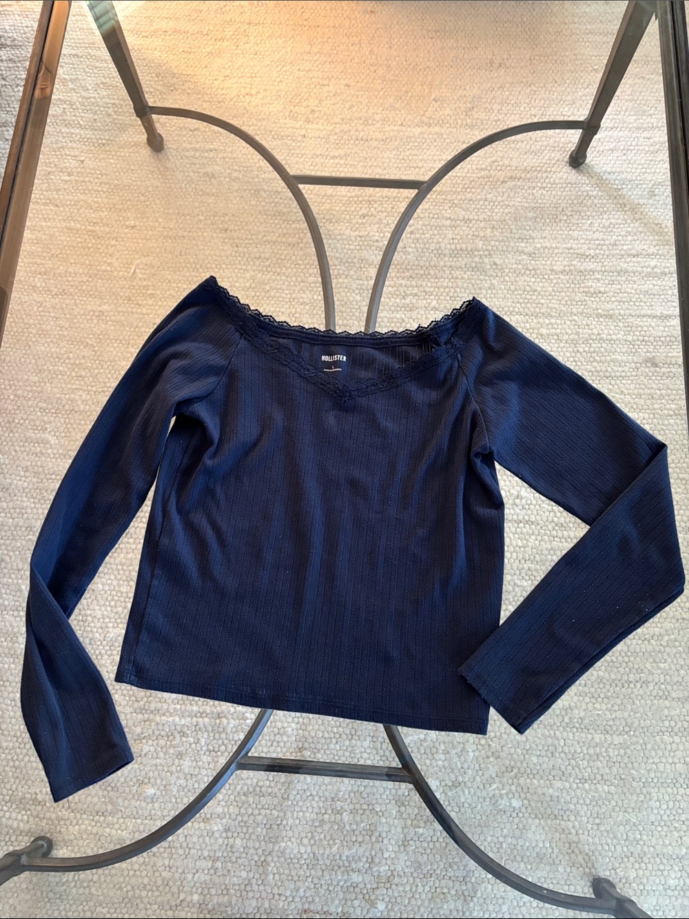 Hollister Navy Lace-Trim Ribbed Long Sleeve Top